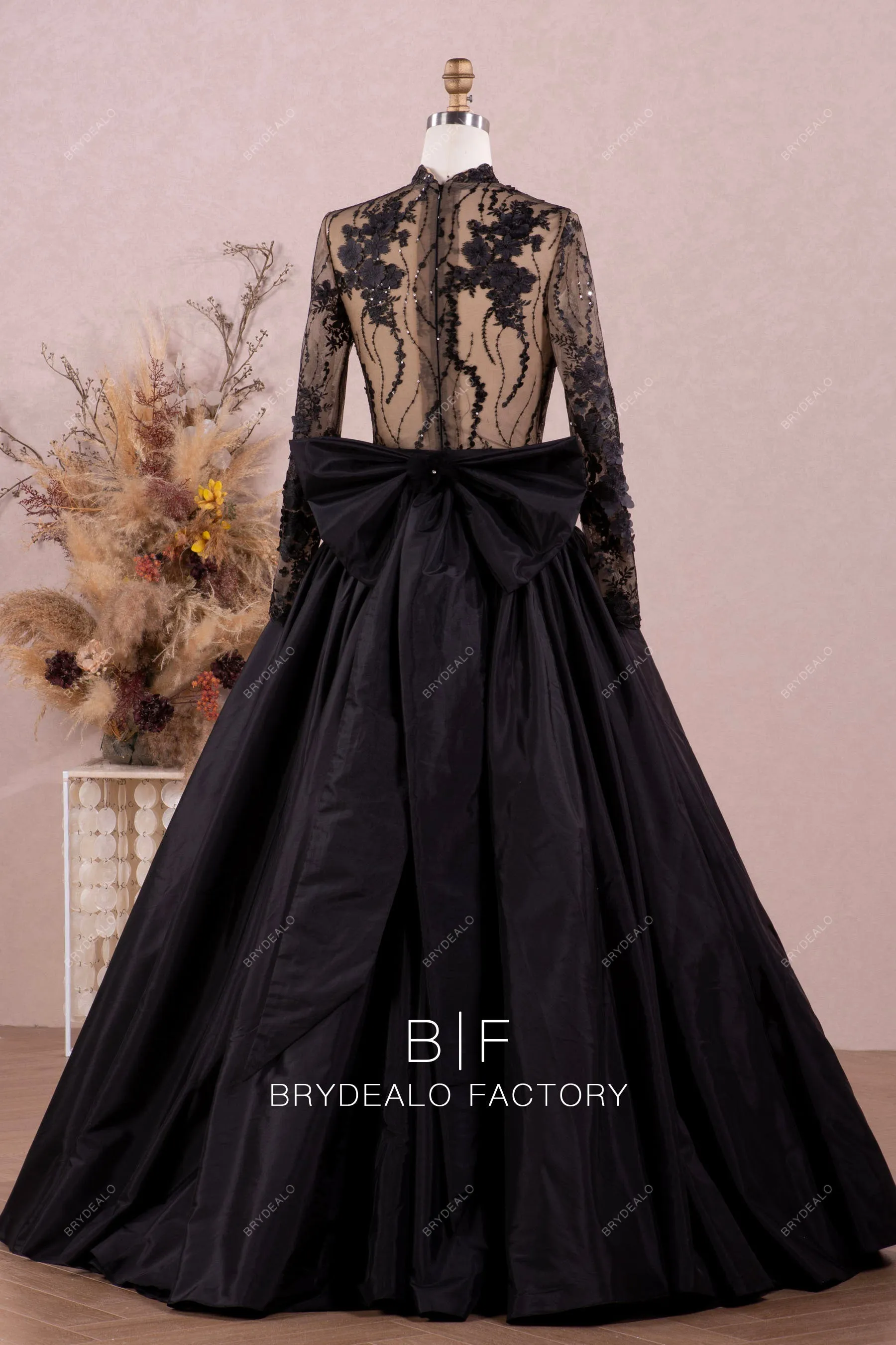 Gothic Black Lace Mock Neck Taffeta Ball Gown Wedding Dress