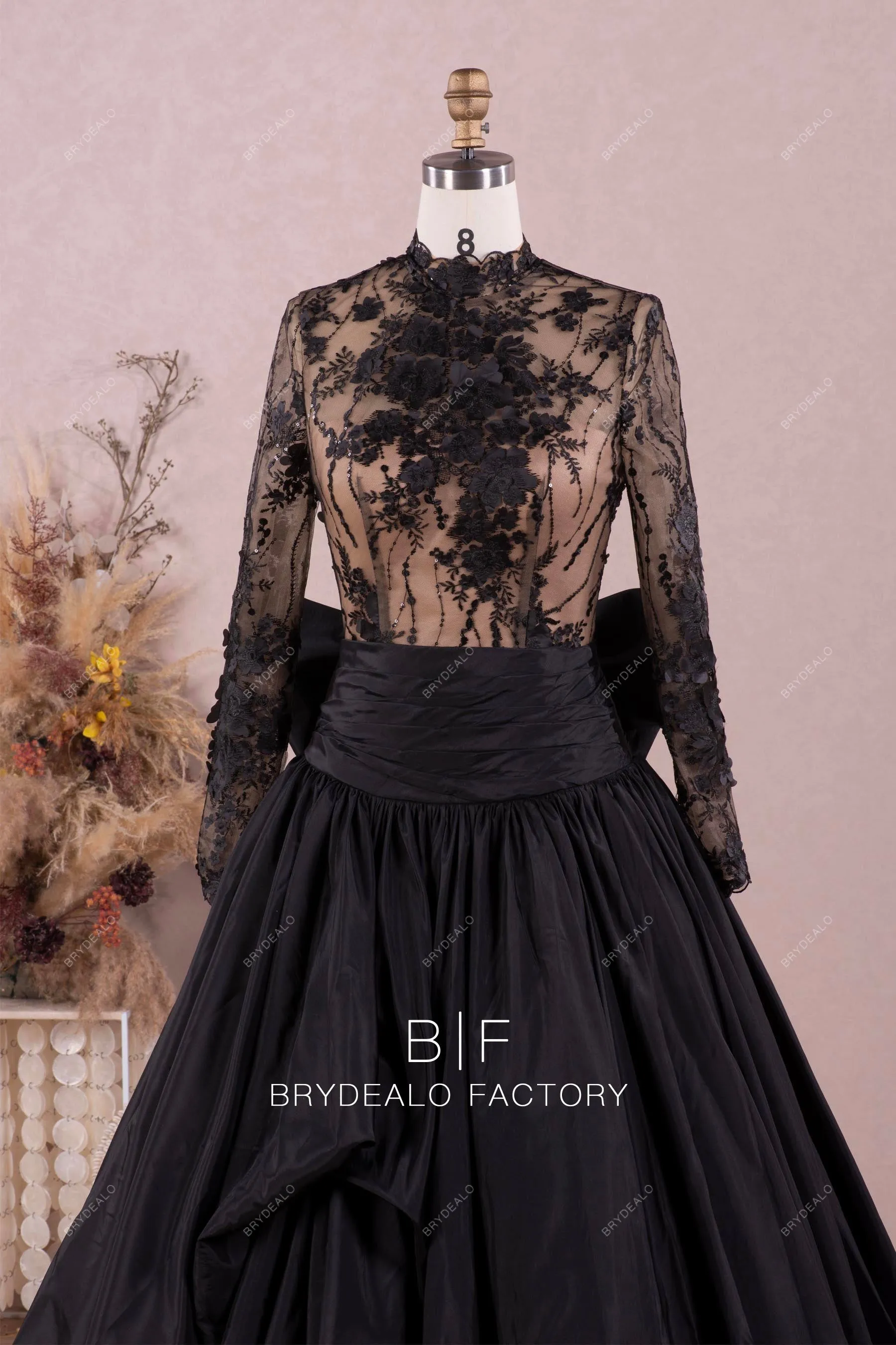 Gothic Black Lace Mock Neck Taffeta Ball Gown Wedding Dress