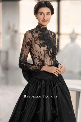 Gothic Black Lace Mock Neck Taffeta Ball Gown Wedding Dress