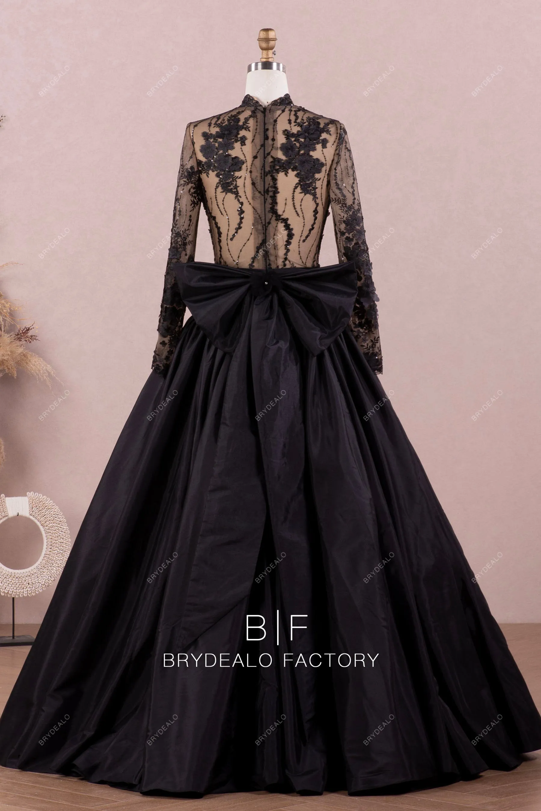 Gothic Black Lace Mock Neck Taffeta Ball Gown Wedding Dress