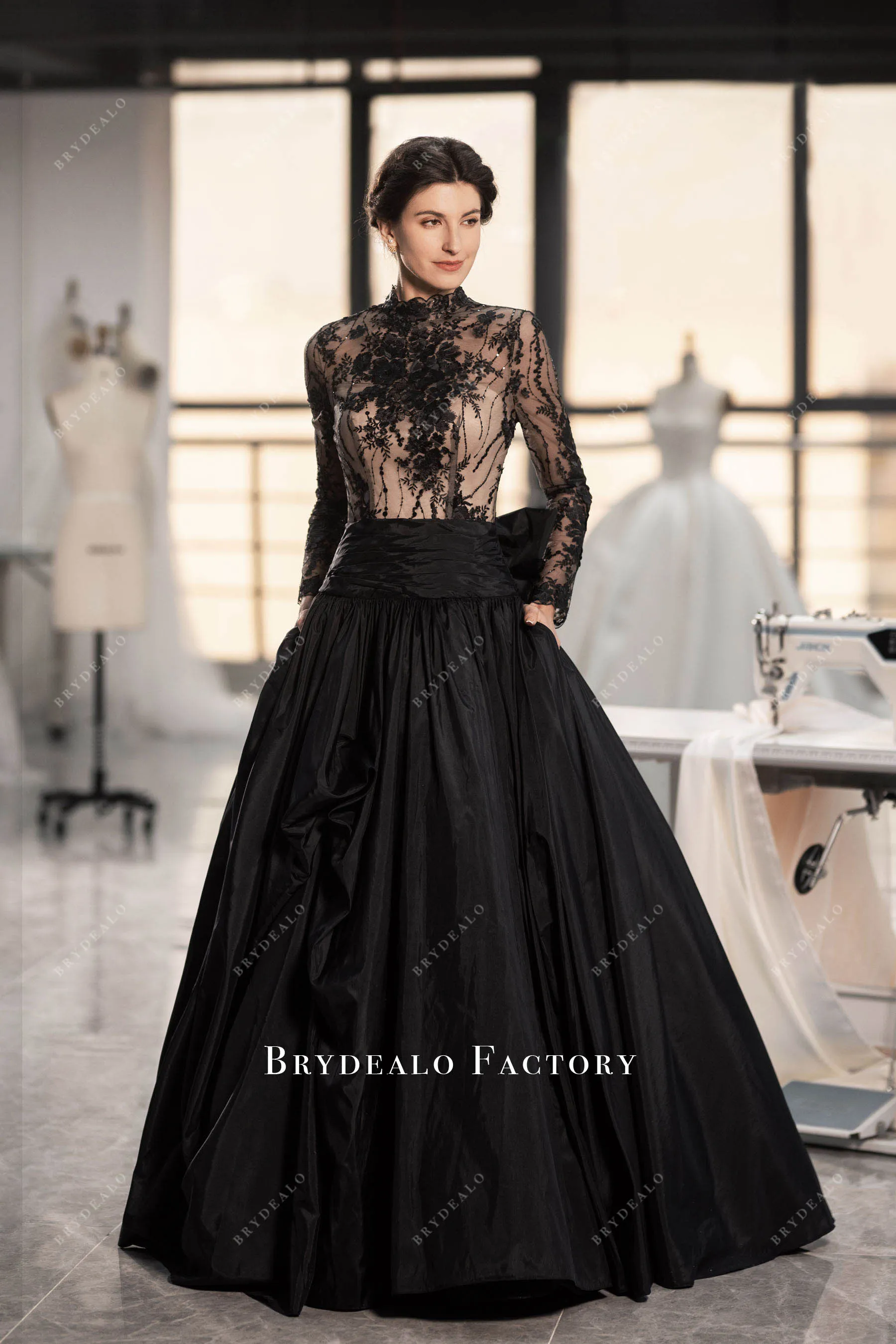 Gothic Black Lace Mock Neck Taffeta Ball Gown Wedding Dress