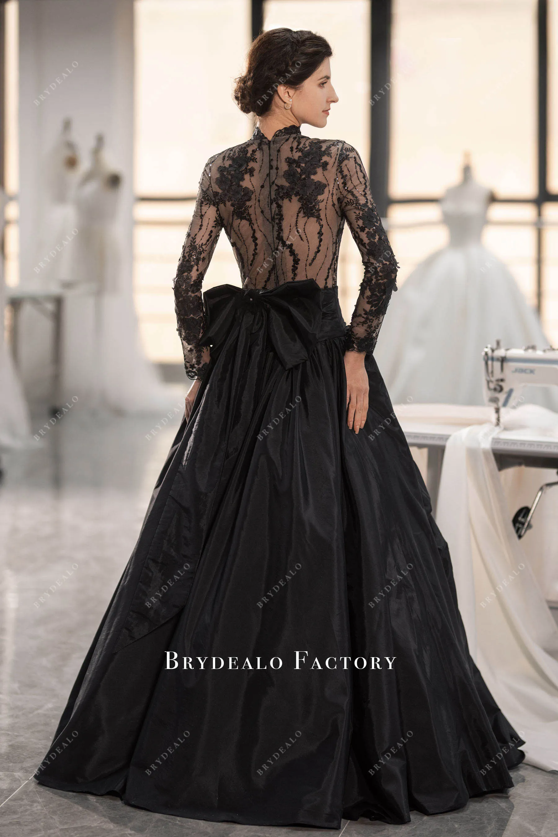 Gothic Black Lace Mock Neck Taffeta Ball Gown Wedding Dress