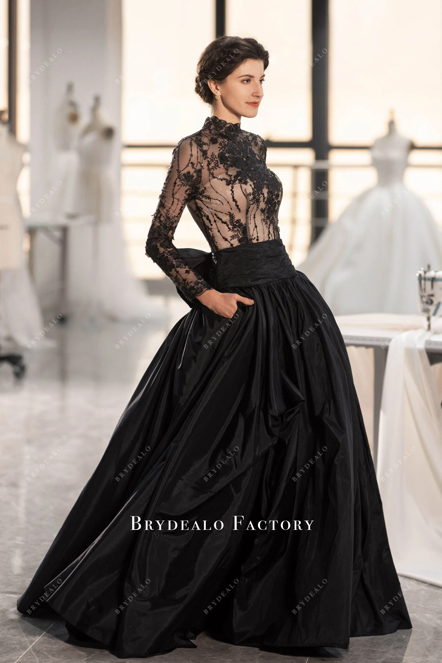 Gothic Black Lace Mock Neck Taffeta Ball Gown Wedding Dress