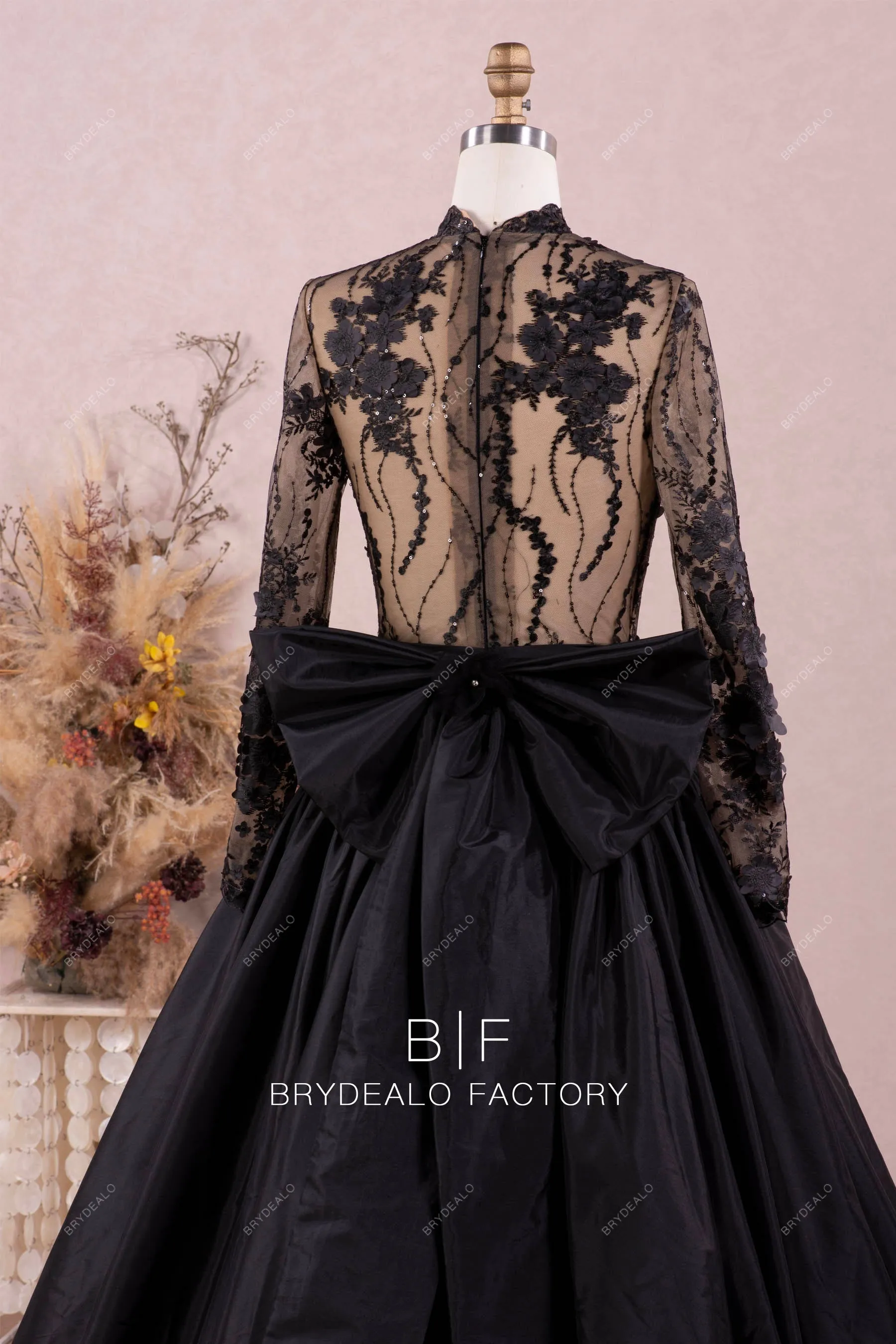 Gothic Black Lace Mock Neck Taffeta Ball Gown Wedding Dress