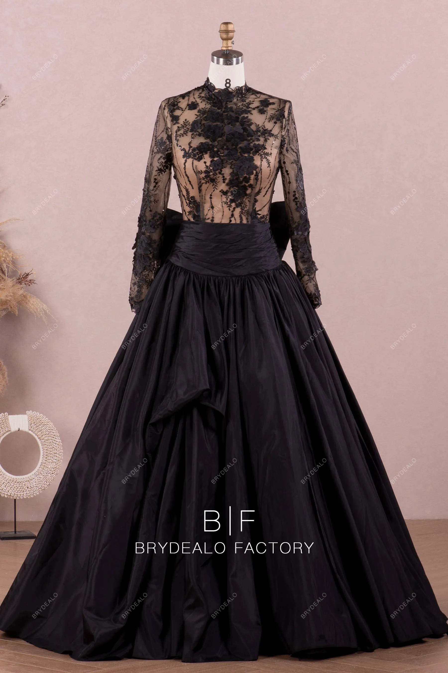 Gothic Black Lace Mock Neck Taffeta Ball Gown Wedding Dress