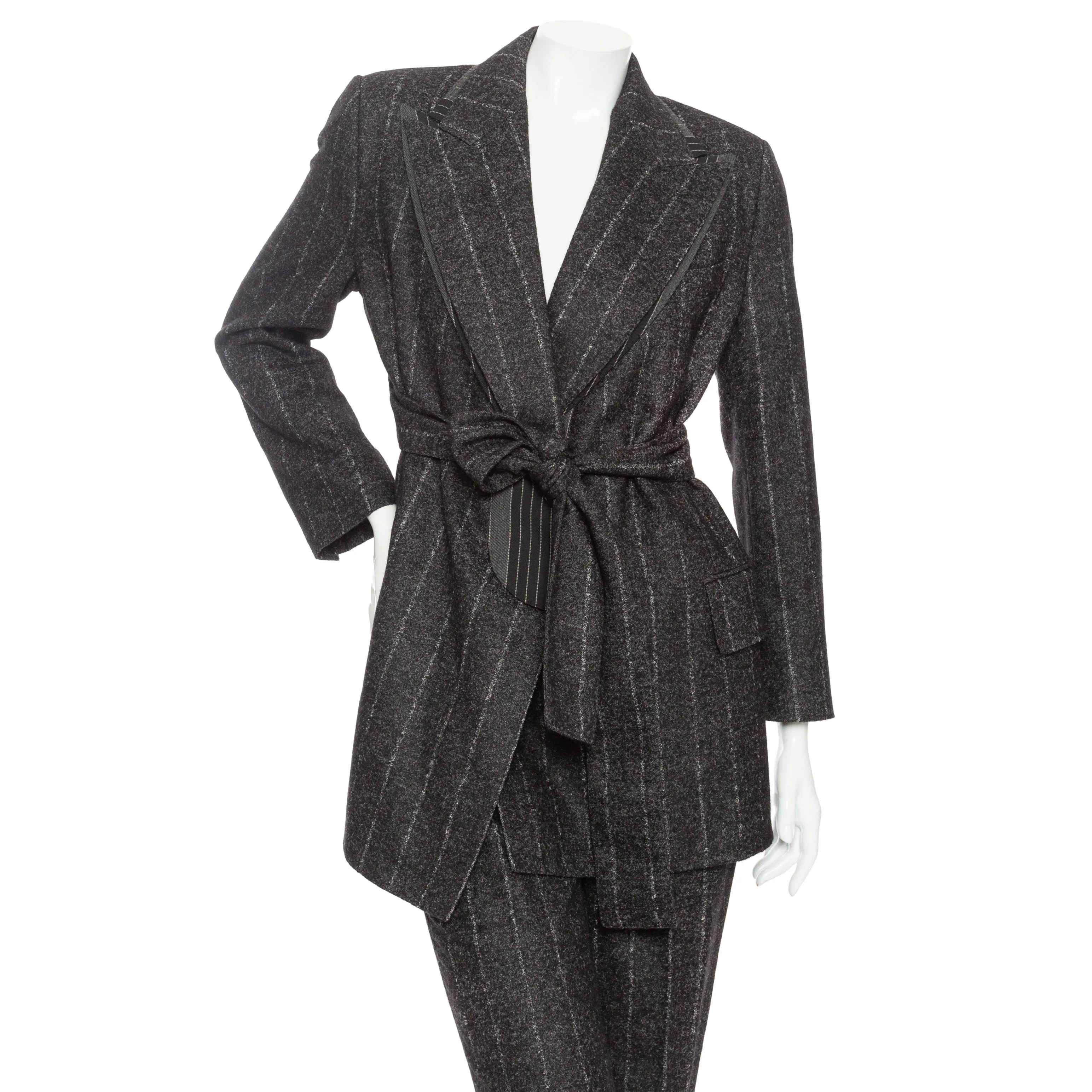 Gray Wool-Blend Pinstriped Belted Suit