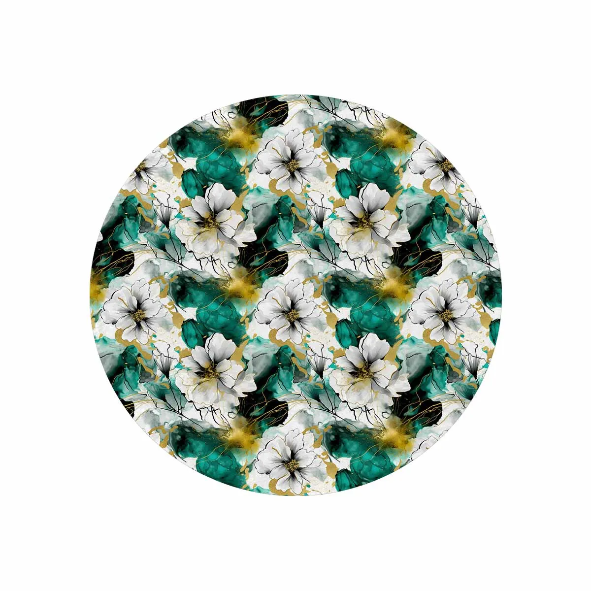 Green and White Ink Floral  Circular Micro Fleece Blanket 47"