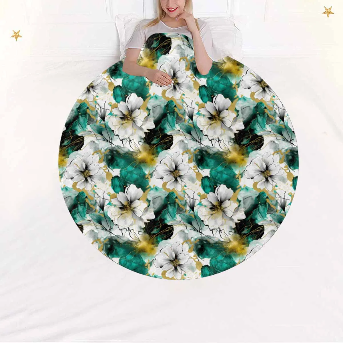 Green and White Ink Floral  Circular Micro Fleece Blanket 47"