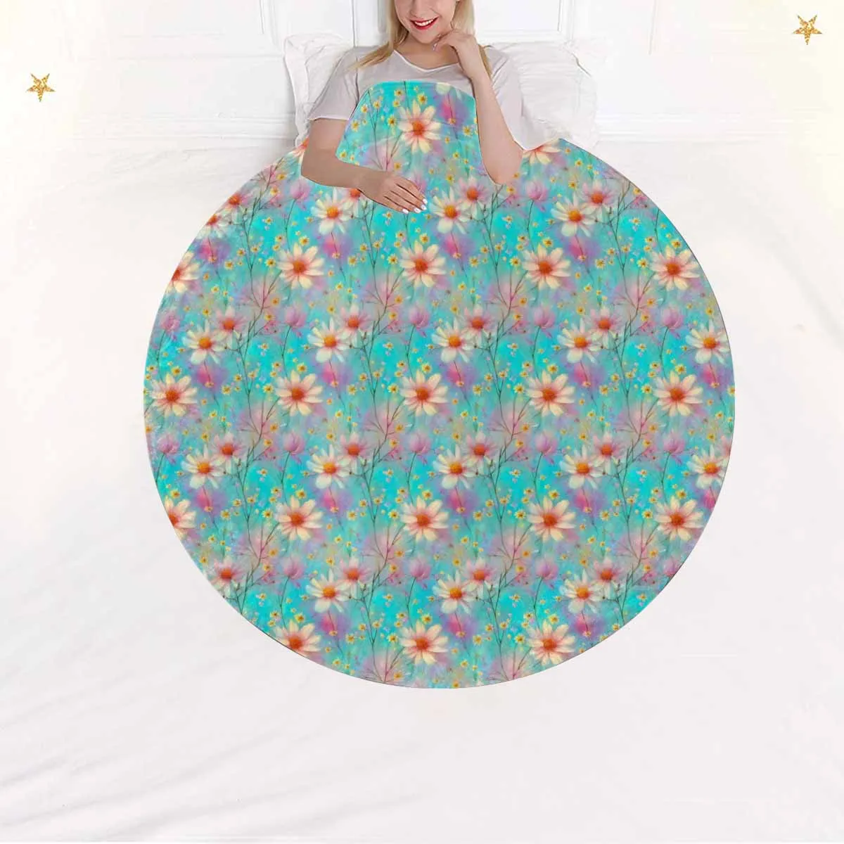 Green Floral  Circular Micro Fleece Blanket 47"