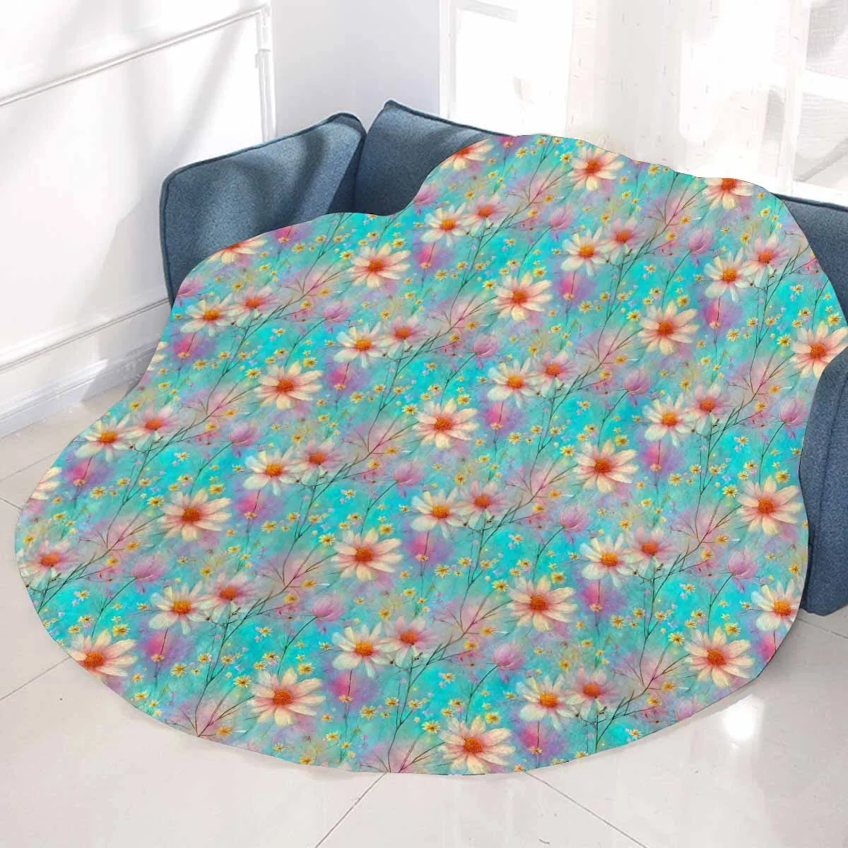 Green Floral  Circular Micro Fleece Blanket 47"