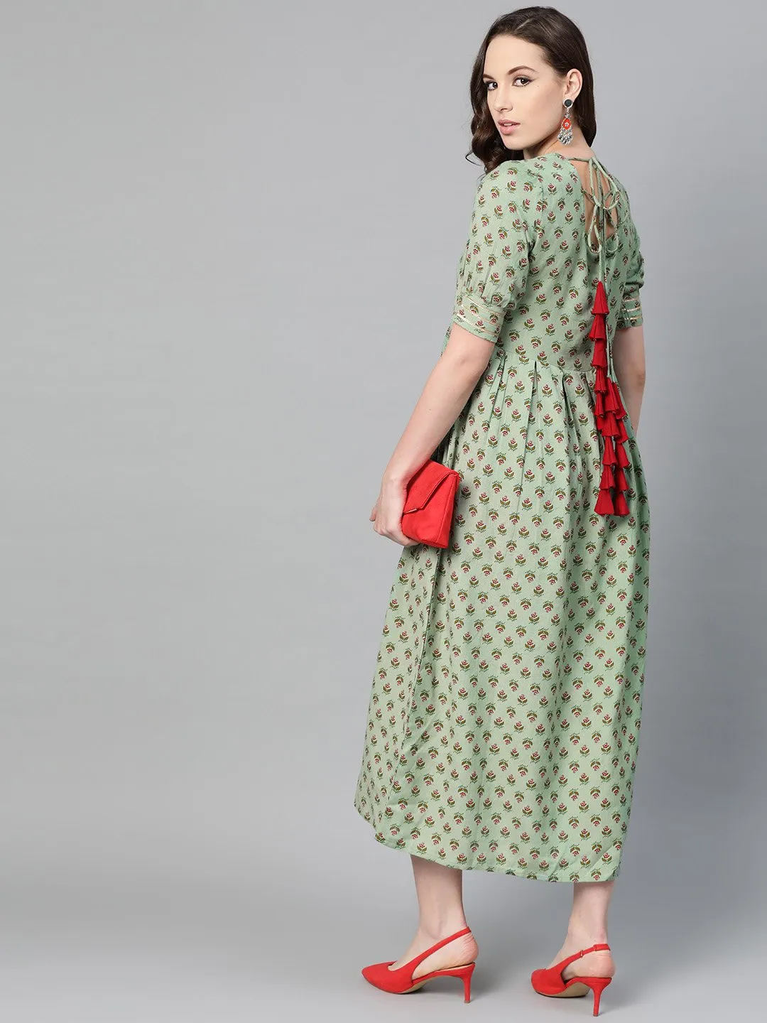 Green Floral Printed Maxi Dress With Round Neck & Gota Detailing On Sleeves