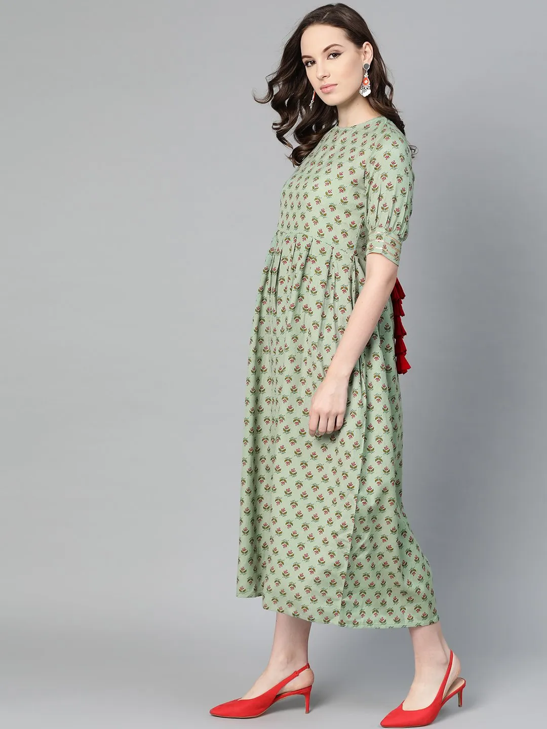 Green Floral Printed Maxi Dress With Round Neck & Gota Detailing On Sleeves