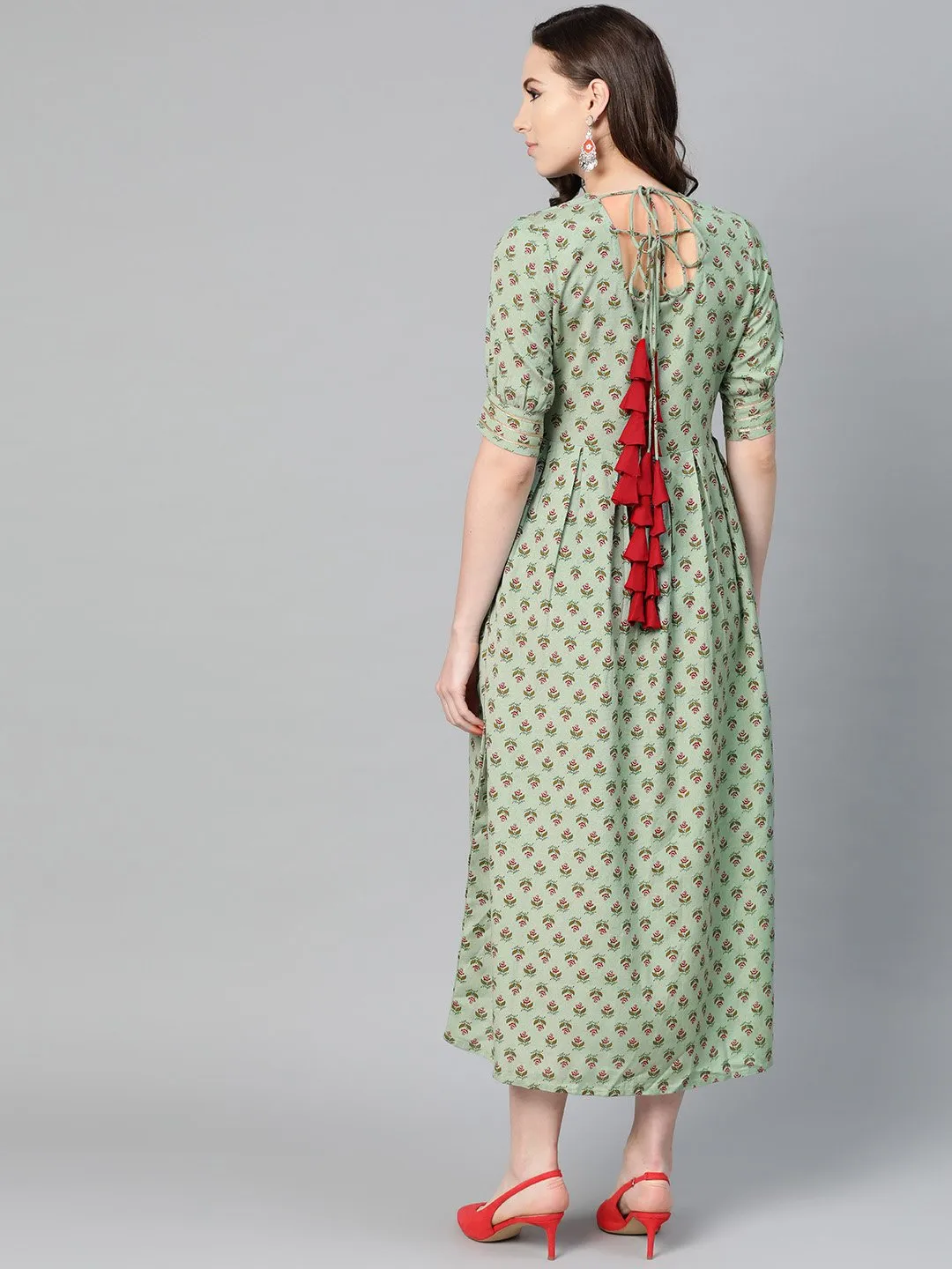 Green Floral Printed Maxi Dress With Round Neck & Gota Detailing On Sleeves