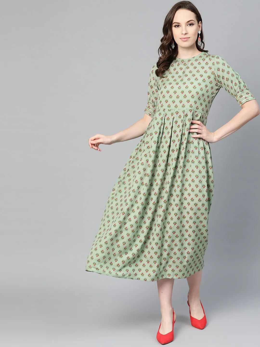 Green Floral Printed Maxi Dress With Round Neck & Gota Detailing On Sleeves