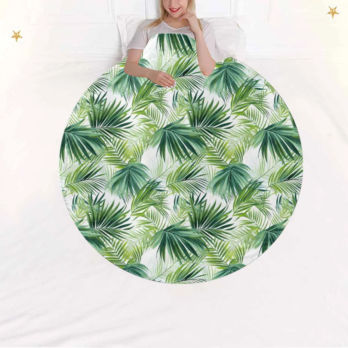 Green Palm Leaves  Circular Micro Fleece Blanket 47"