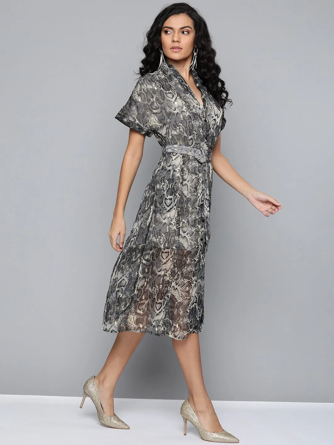 Grey Animal Lurex Print Front Open Midi Dress