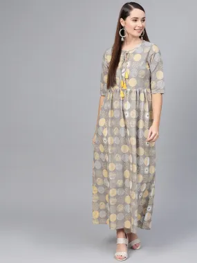 Grey Multi Colored Printed Maxi Dress With Keyhole Neck & Half Sleeves