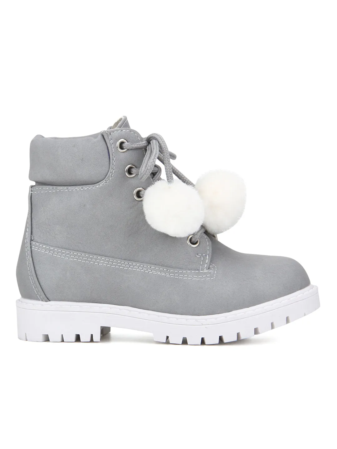 Grey PU Pom Pom Lace-up Ankle Boots