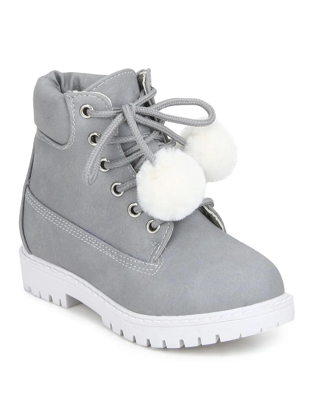 Grey PU Pom Pom Lace-up Ankle Boots