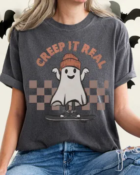 Halloween Comfort Colors® T-Shirt, Funny Creep It Real Women's Retro Skateboarding Design T-Shirt