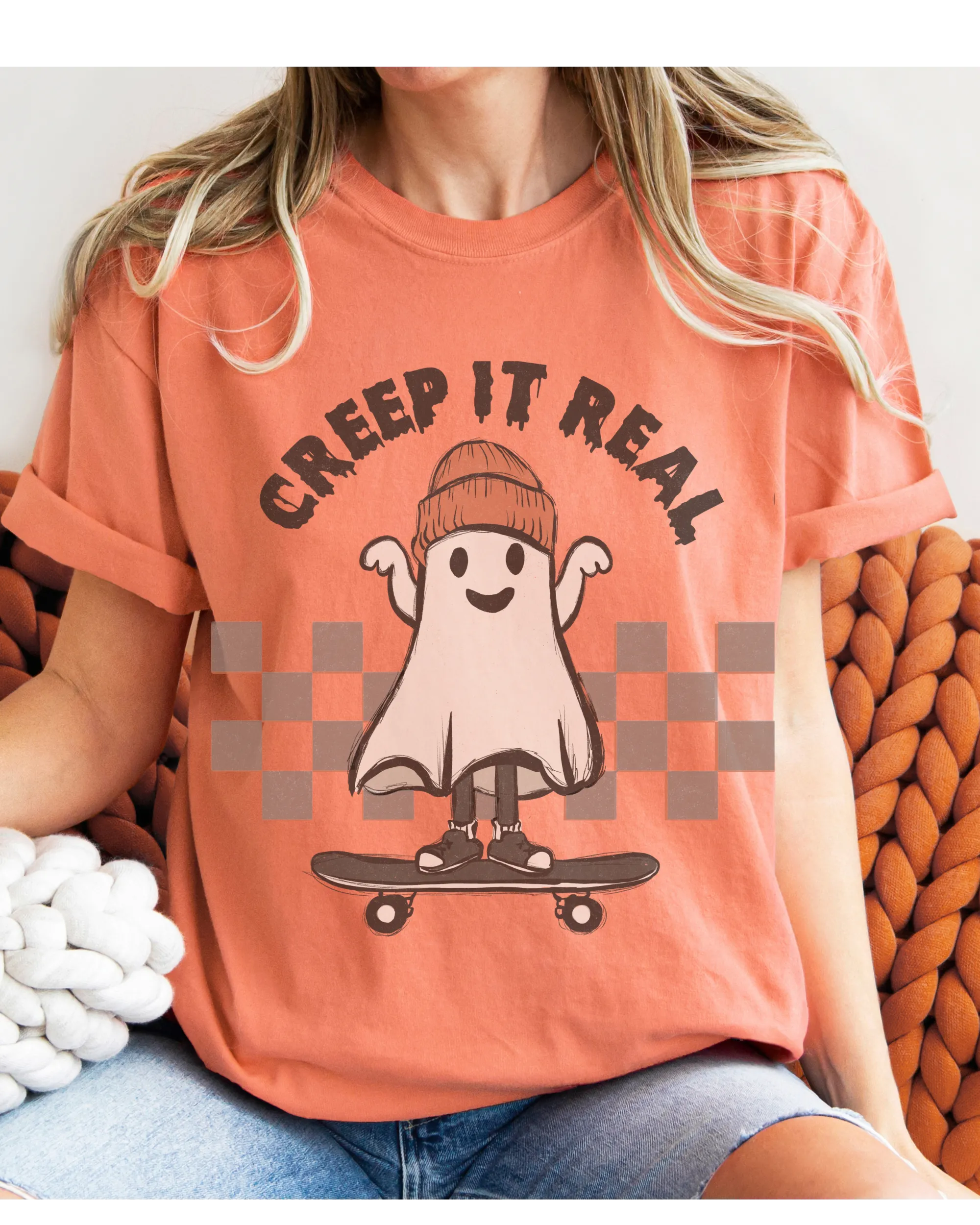 Halloween Comfort Colors® T-Shirt, Funny Creep It Real Women's Retro Skateboarding Design T-Shirt