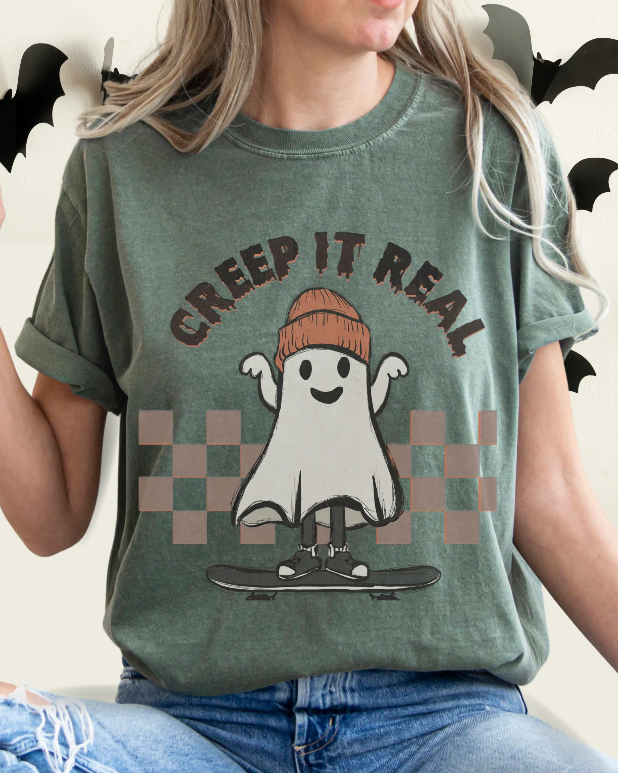 Halloween Comfort Colors® T-Shirt, Funny Creep It Real Women's Retro Skateboarding Design T-Shirt