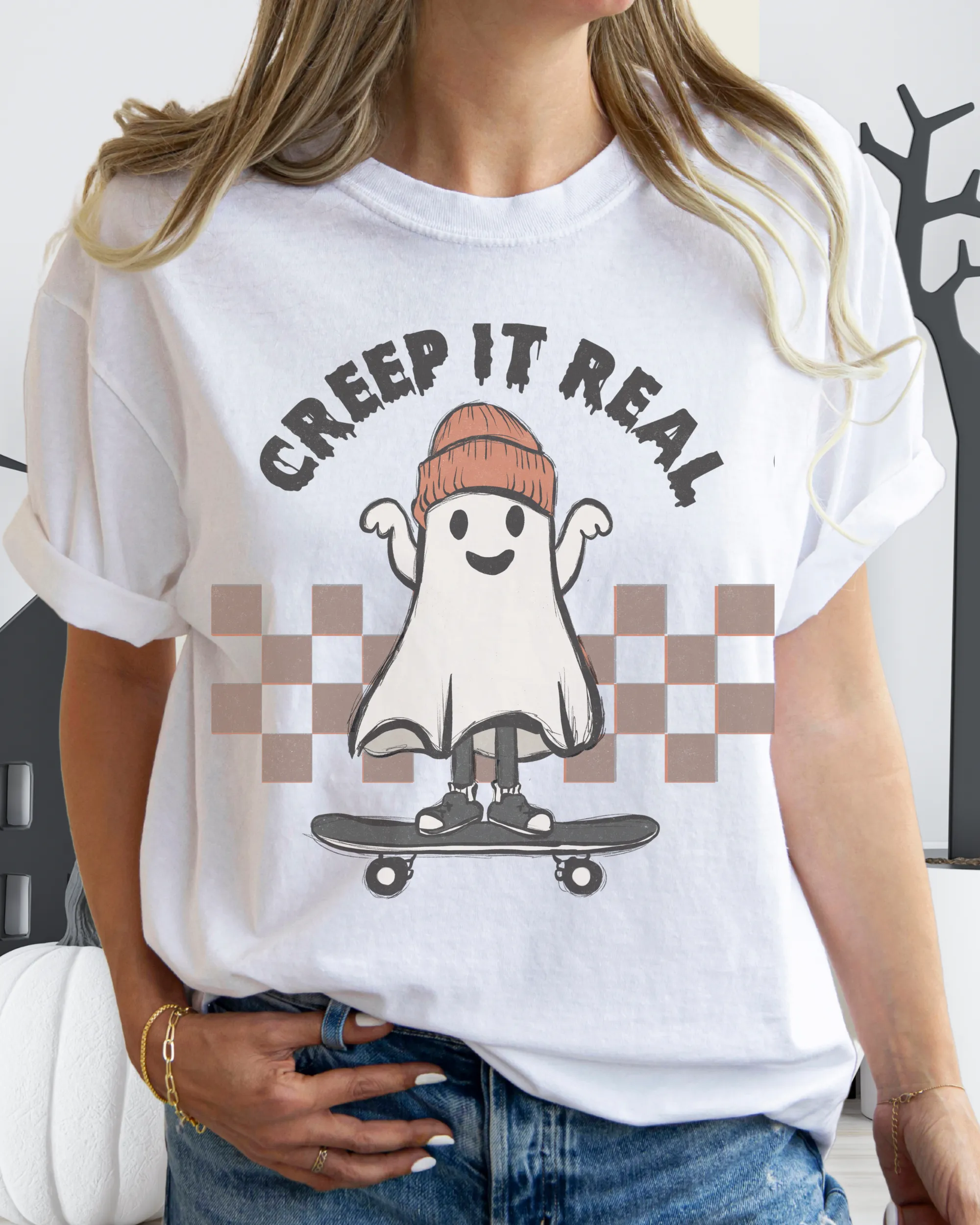 Halloween Comfort Colors® T-Shirt, Funny Creep It Real Women's Retro Skateboarding Design T-Shirt