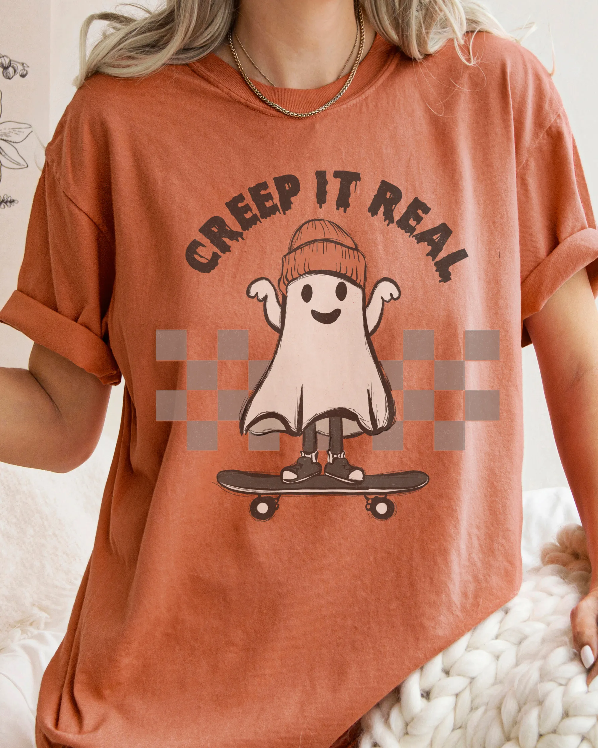 Halloween Comfort Colors® T-Shirt, Funny Creep It Real Women's Retro Skateboarding Design T-Shirt