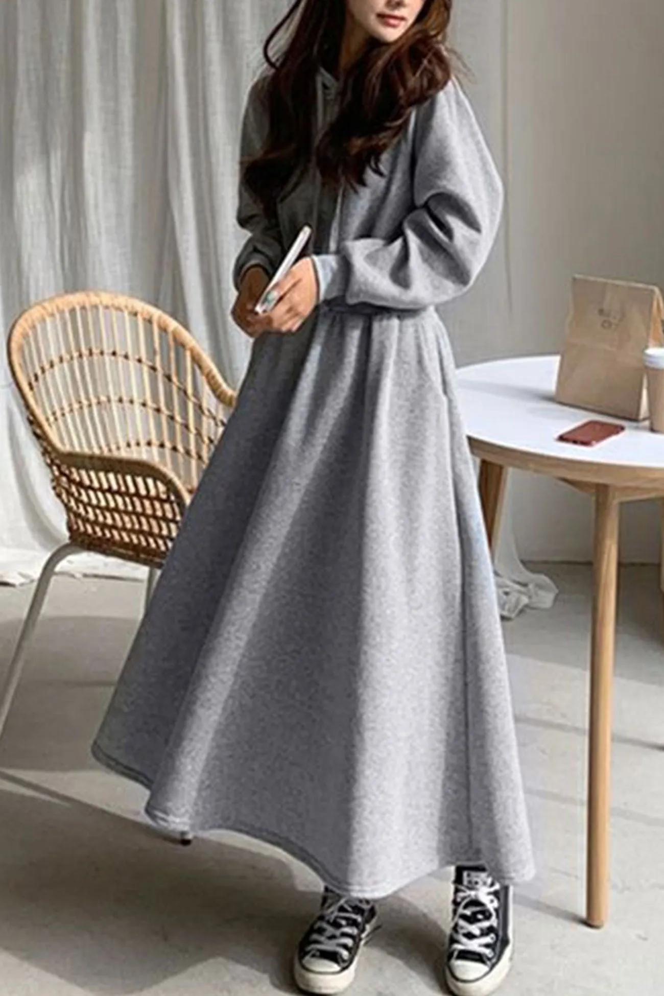 High Elastic Waist Long Hoodie Dress