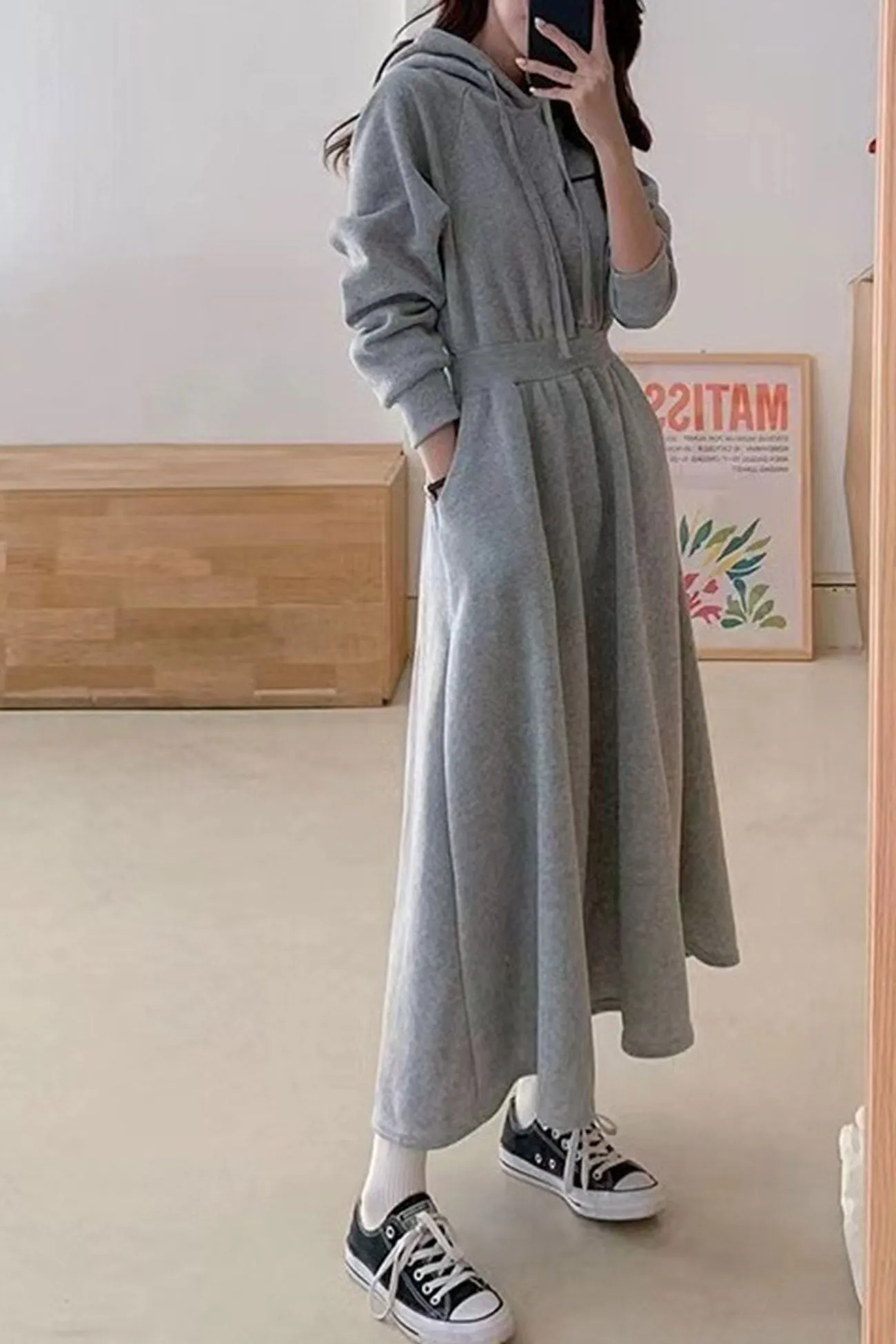 High Elastic Waist Long Hoodie Dress