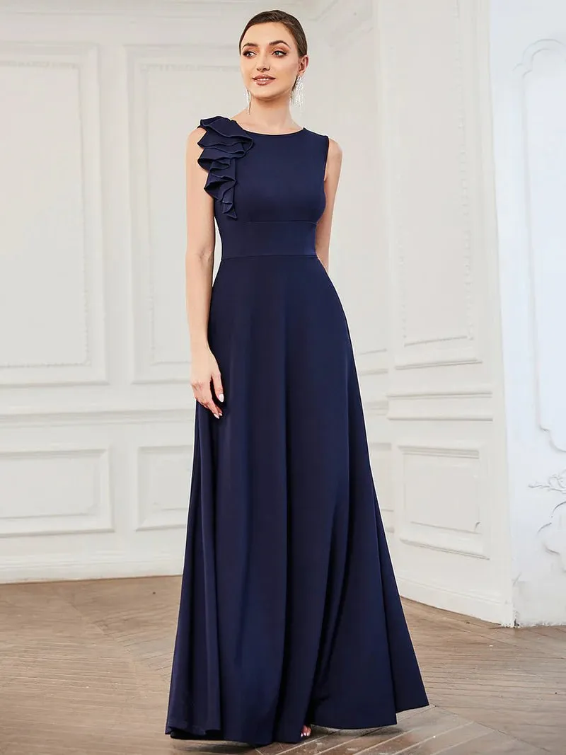 High Neck Ruffle Detail Fitted Evening Dress