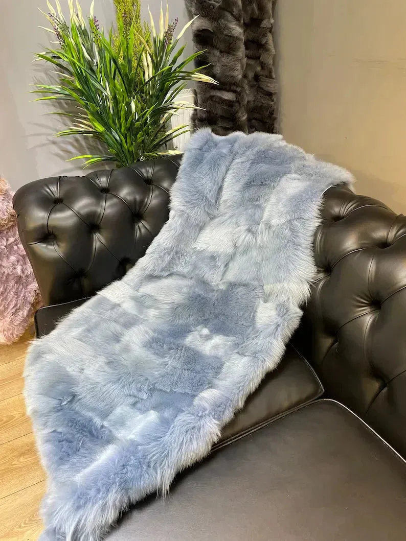 High Quality Natural Sheepskin Light Blue Throw Blanket, Cozy Handmade Blanket