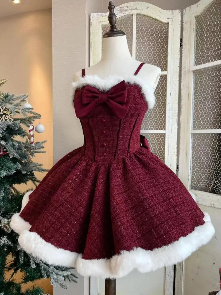 Hnewly Christmas New Year 3 Piece Set Sweet Lolita Style Dress Sets Womens Elegant Chic Bow Plush Shawl Short Jackets Mini Skirts Suit