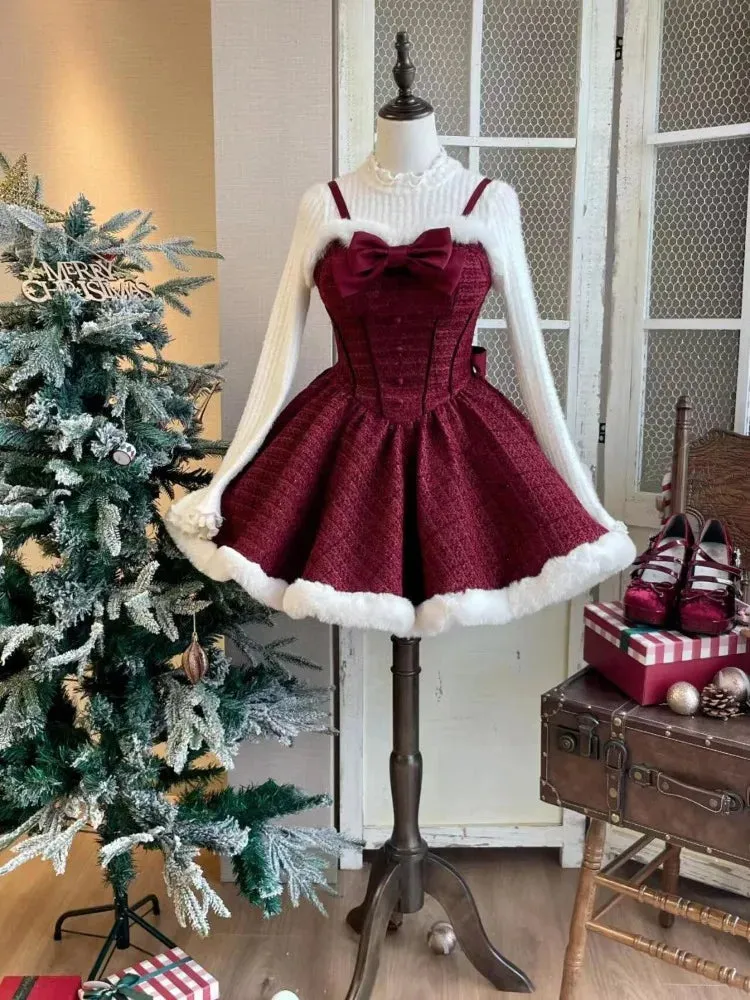 Hnewly Christmas New Year 3 Piece Set Sweet Lolita Style Dress Sets Womens Elegant Chic Bow Plush Shawl Short Jackets Mini Skirts Suit