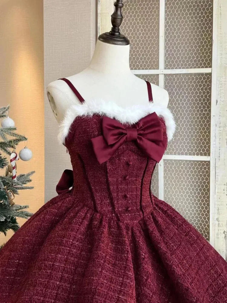 Hnewly Christmas New Year 3 Piece Set Sweet Lolita Style Dress Sets Womens Elegant Chic Bow Plush Shawl Short Jackets Mini Skirts Suit