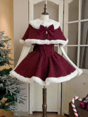 Hnewly Christmas New Year 3 Piece Set Sweet Lolita Style Dress Sets Womens Elegant Chic Bow Plush Shawl Short Jackets Mini Skirts Suit