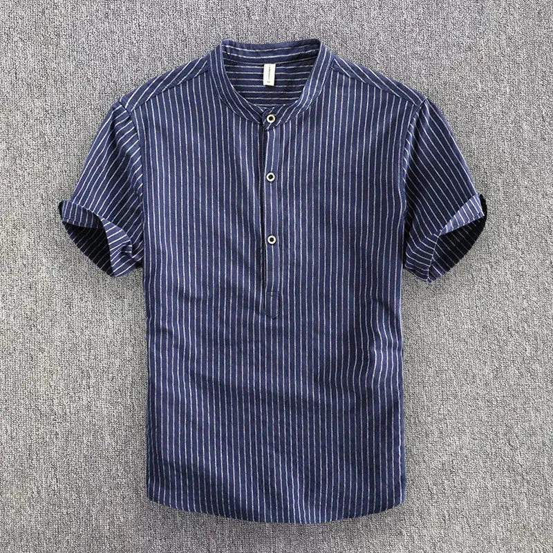 Hnzxzm Men's Casual Cotton Shirt Short Sleeve Blouse Tops Summer Botton Pinstripe Holiday Shirt Comfortable Handsome Men Henley Shirt