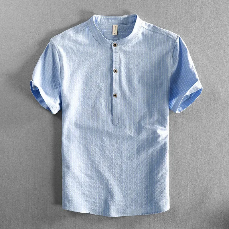 Hnzxzm Men's Casual Cotton Shirt Short Sleeve Blouse Tops Summer Botton Pinstripe Holiday Shirt Comfortable Handsome Men Henley Shirt