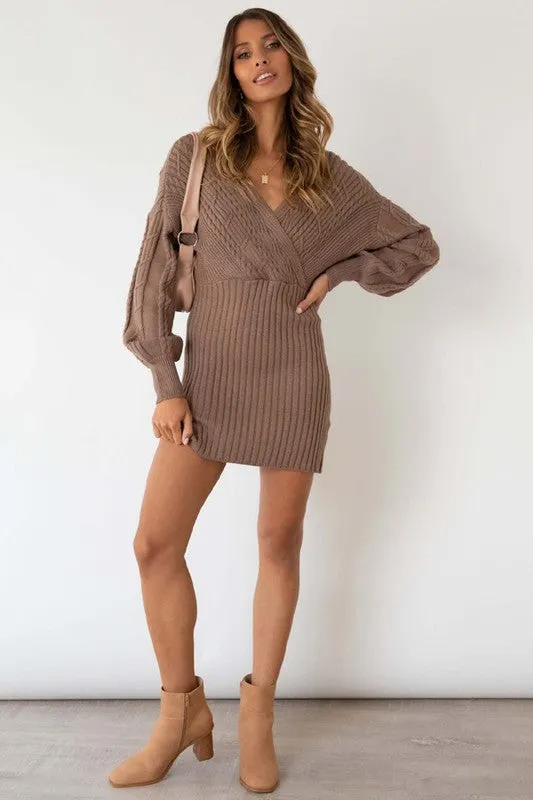 Hot Girl Cozzi Wrap Knit Sweater Mini Dress In Mocha