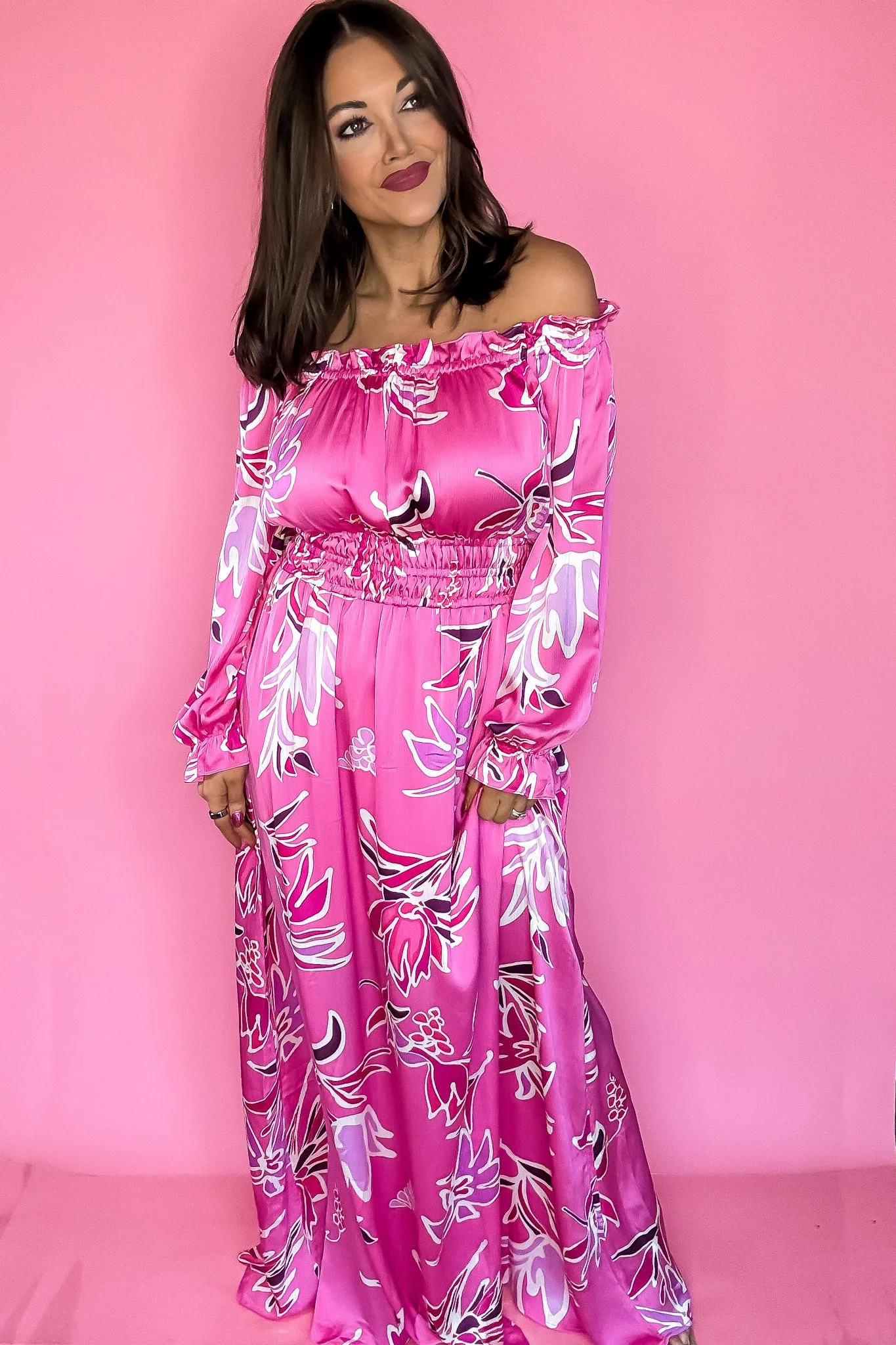 Hot Pink Off Shoulder Floral Print Maxi Dress