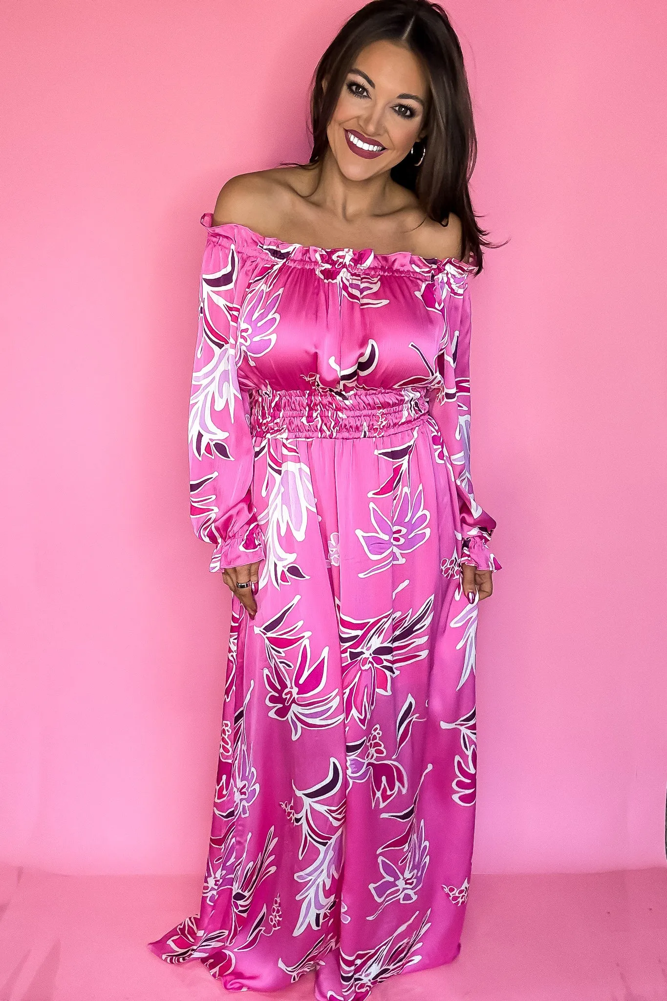 Hot Pink Off Shoulder Floral Print Maxi Dress