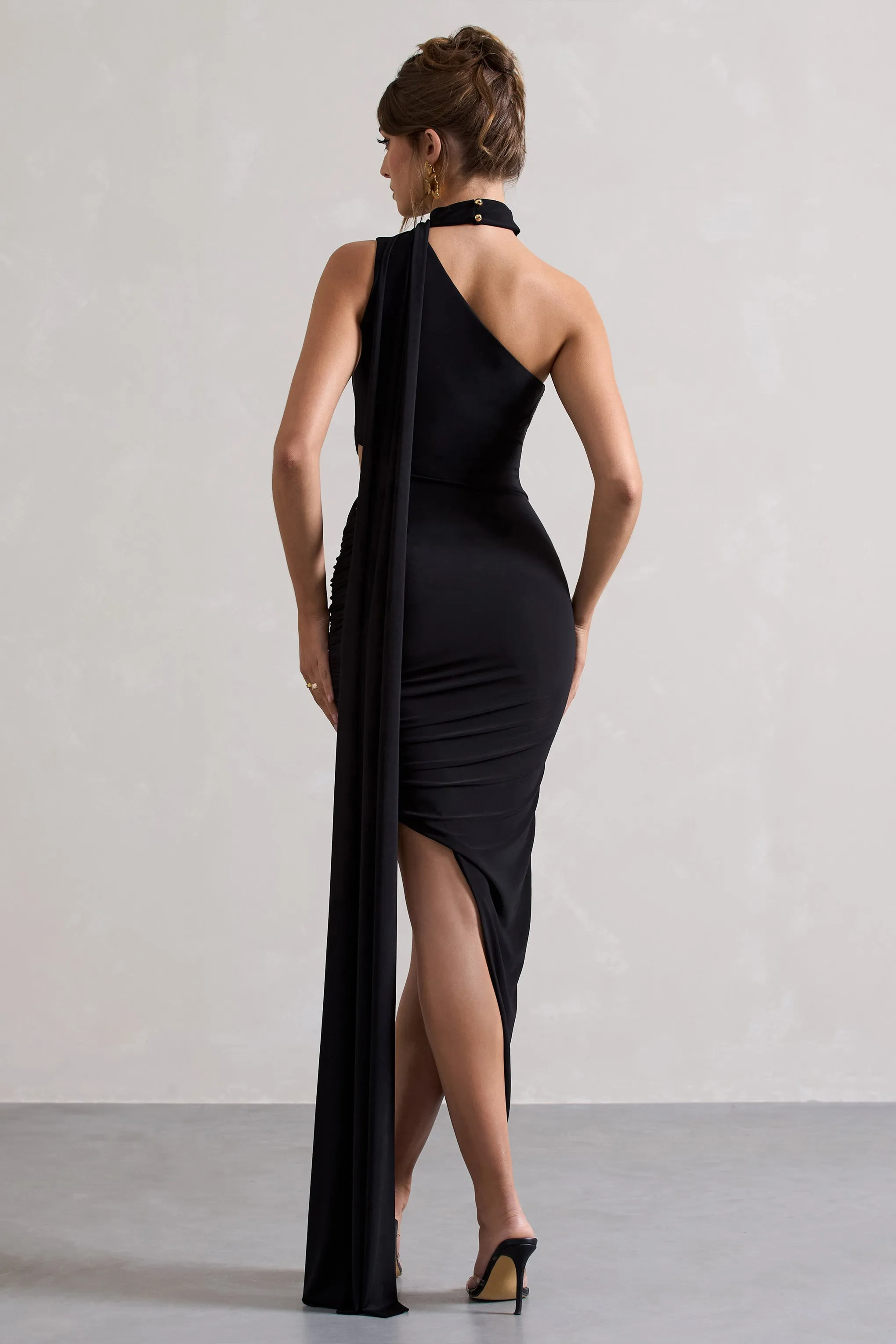 Icon | Black One Shoulder Cut-Out Maxi Dress With Scarf