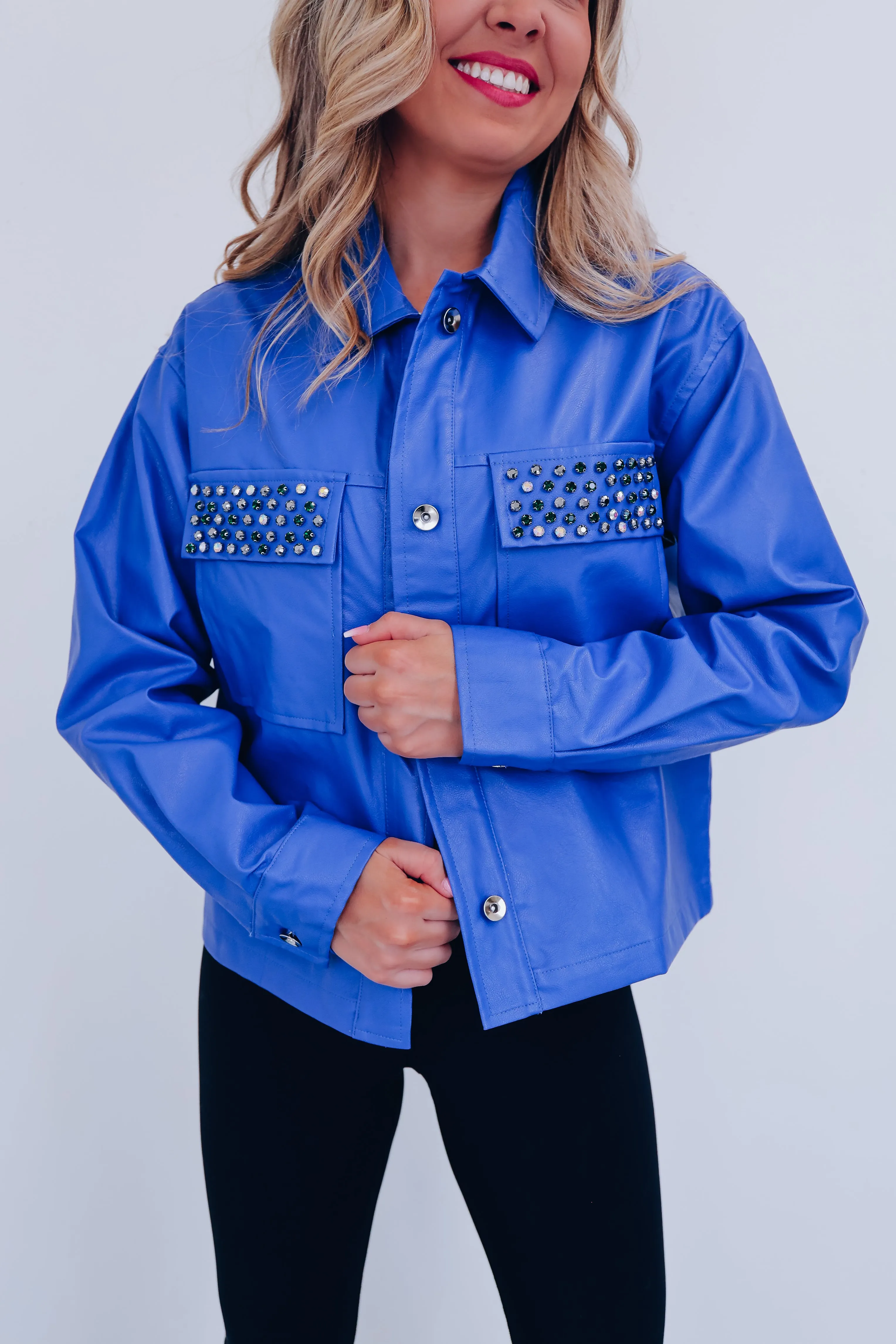 Jackie Jeweled Faux Leather Jacket - Blue