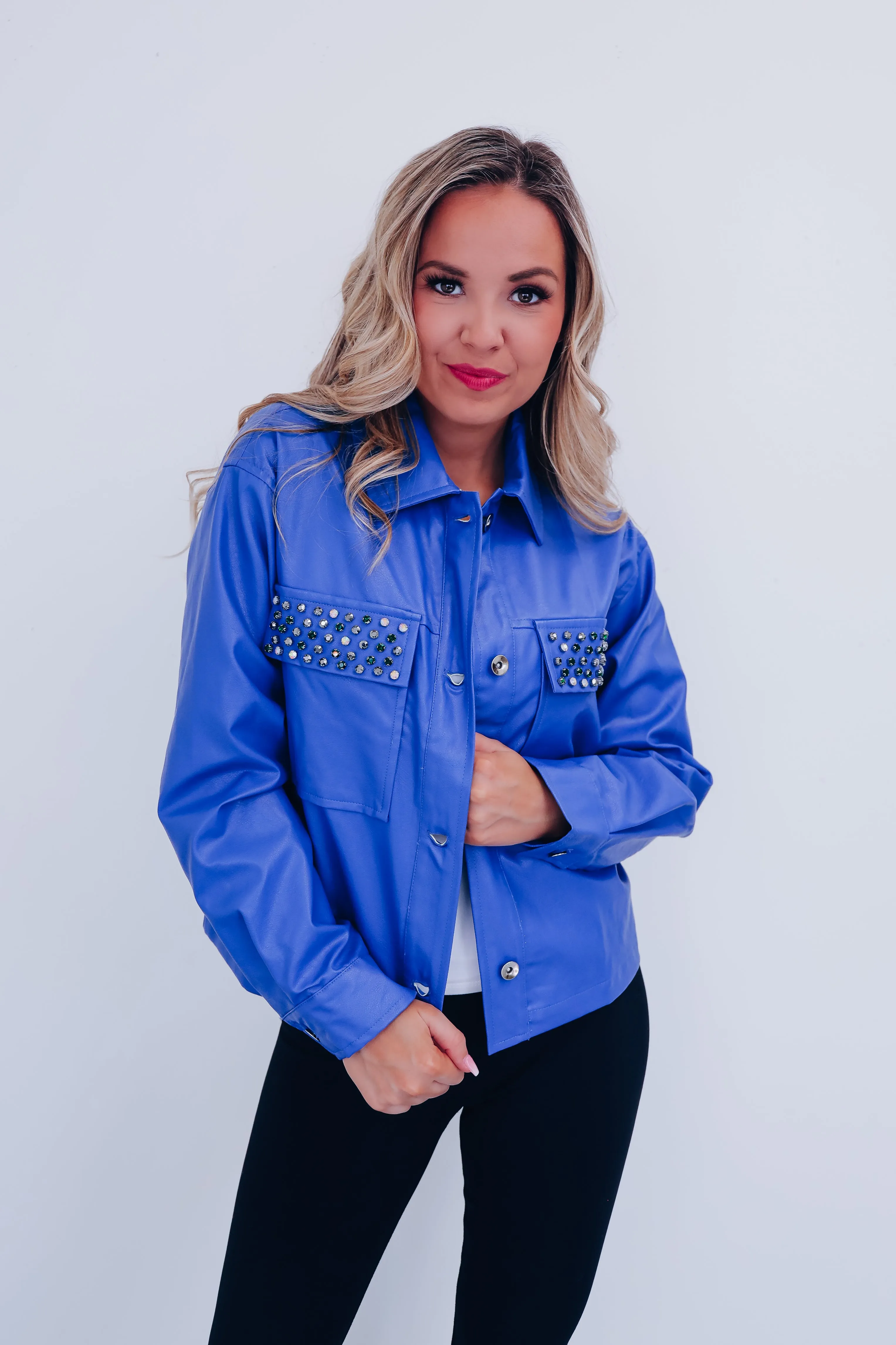 Jackie Jeweled Faux Leather Jacket - Blue