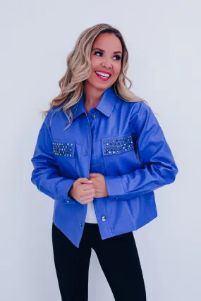 Jackie Jeweled Faux Leather Jacket - Blue