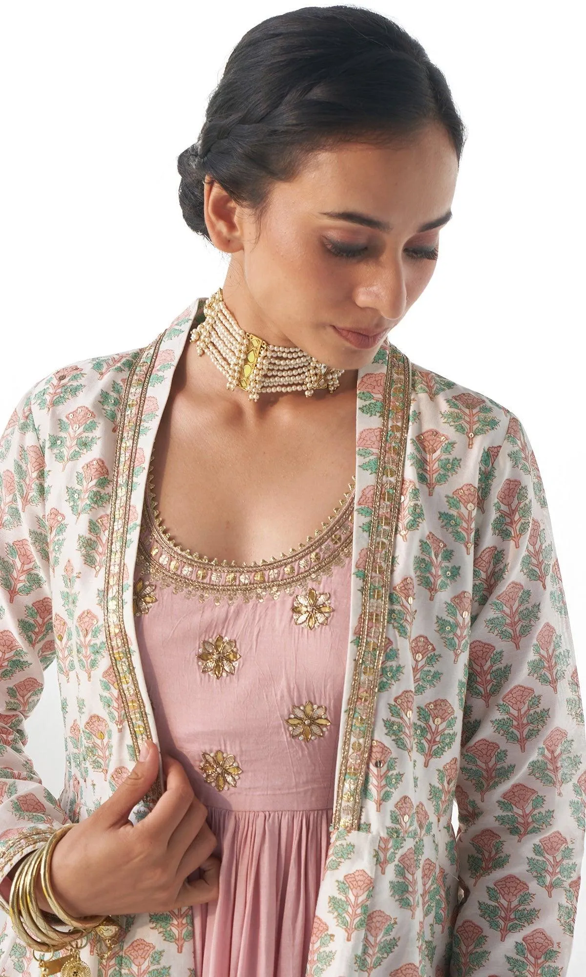 Jahanara Pink Gota Embroidered Anarkali With Chooridar and Jacket- Set of 3 - RTS