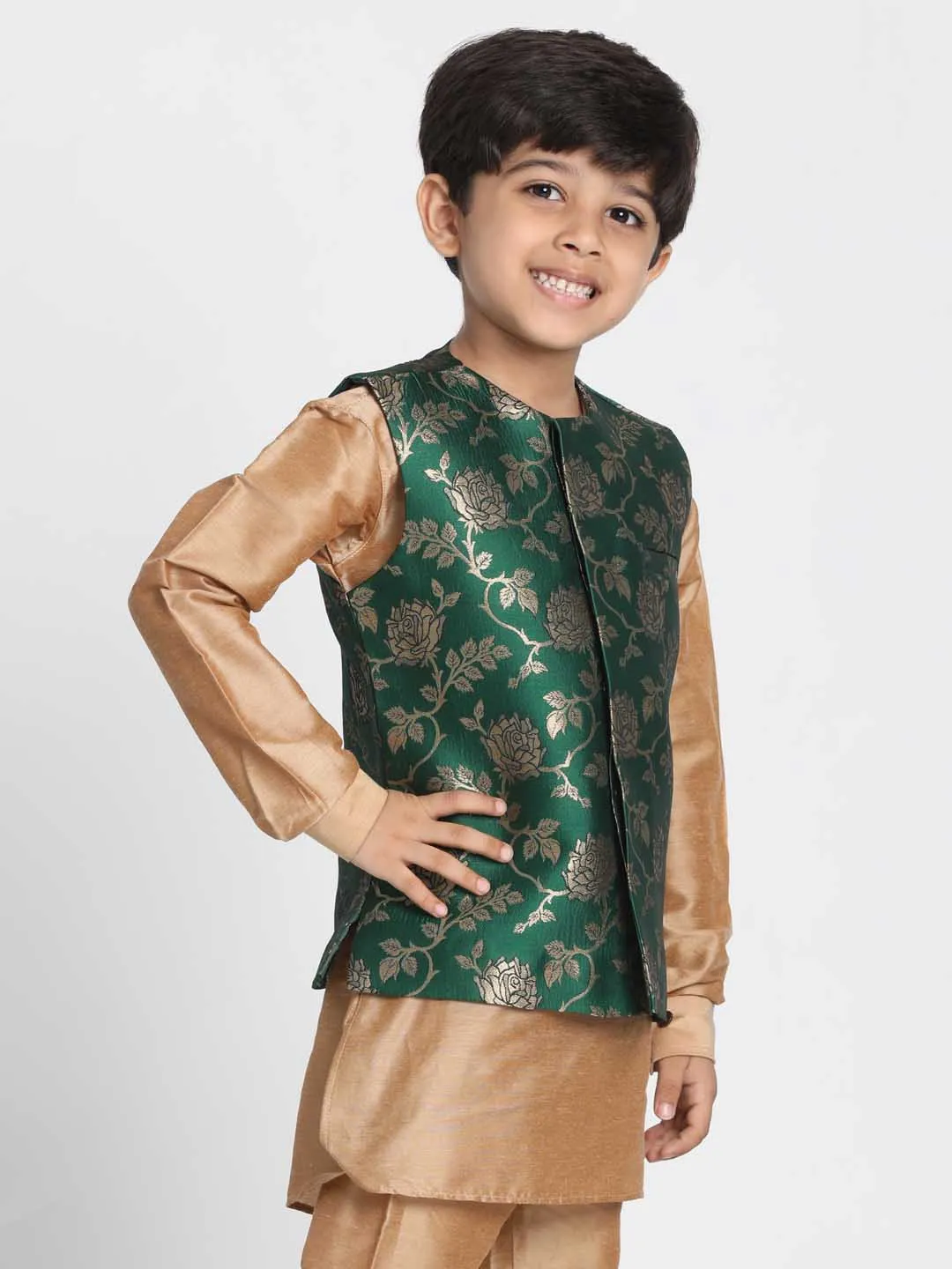 Jashvi Boys' Dark Green Cotton Silk Blend Nehru Jacket