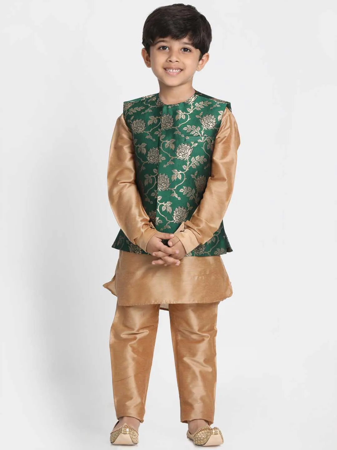 Jashvi Boys' Dark Green Cotton Silk Blend Nehru Jacket