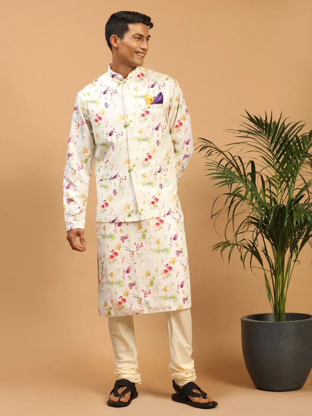 Jashvi Cream Printed Nehru Jacket And Multicolor-base Printed Kurta With Cream Pyjama Set