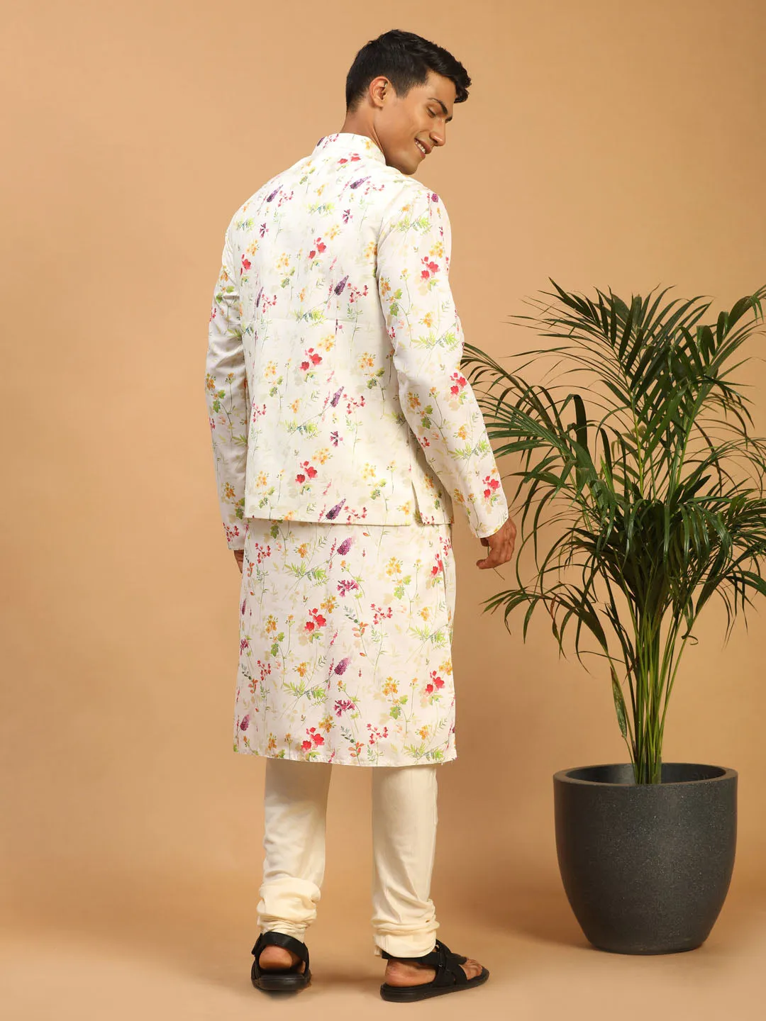 Jashvi Cream Printed Nehru Jacket And Multicolor-base Printed Kurta With Cream Pyjama Set